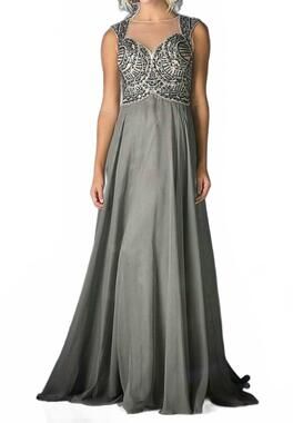 NEW CINDERELLA DIVINE beaded top illusion back chiffon gown in charcoal grey